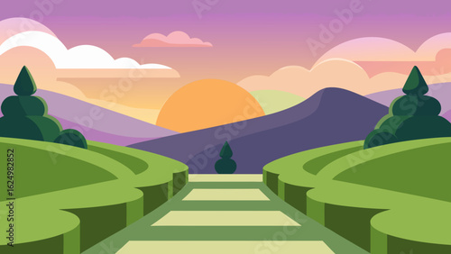 Peaceful Hilltop Garden Vector Art Illustration with Scenic Landscape View