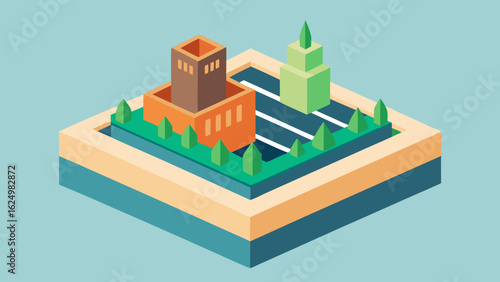 Modern Isometric Rooftop Garden Vector Art with Greenery and Urban Views
