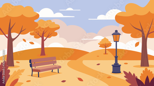 Autumn Themed Vector Art Scene of a Quiet Park with Fallen Leaves