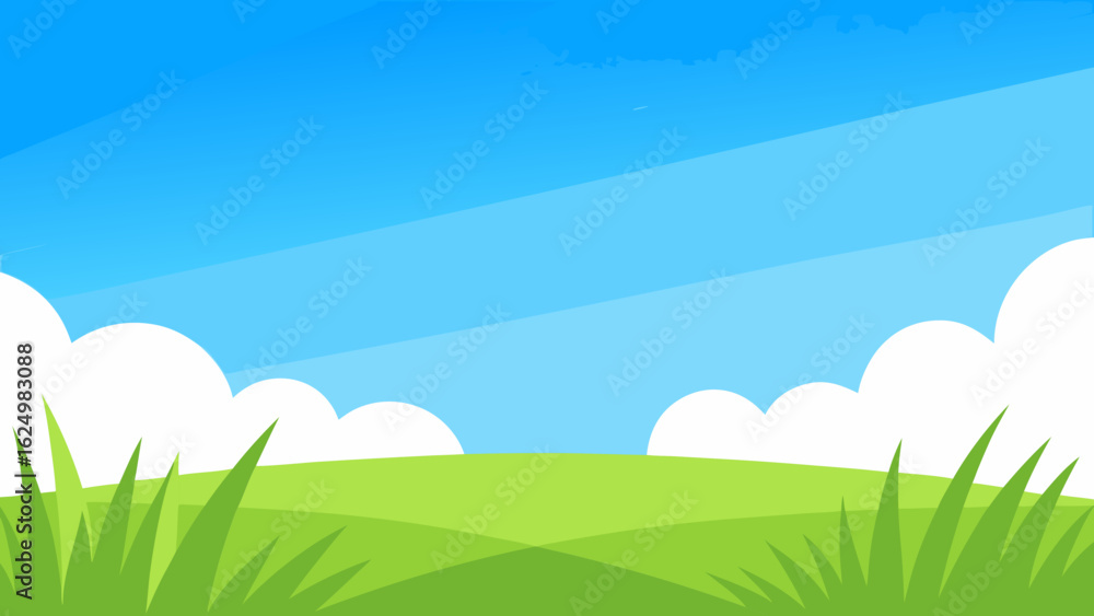 Fototapeta premium Bright Vector Style Open Field Vivid Blue Sky Nature Landscape