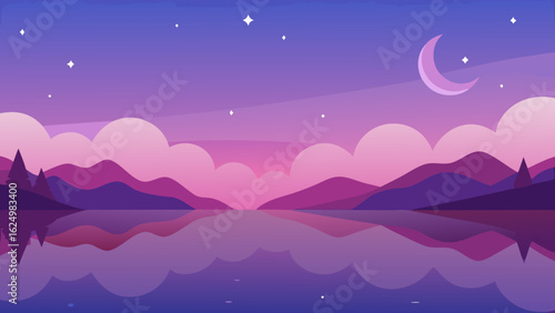 Dreamy 2D Cartoon Vector Background Twilight Nature Landscape Illustration