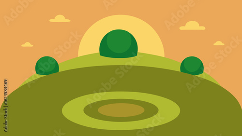 Cartoon Glen Circular Grass Mounds Stylized Nature Landscape Illustration