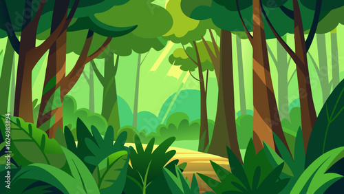 Lush Jungle Interior Stylized Cartoon Vector Nature Landscape Illustration