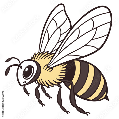A happy cartoon bee with black and yellow stripes flying towards a flower to collect honey