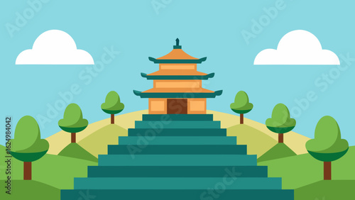 Balanced Hillside Temple Background Vector Nature Landscape Illustration