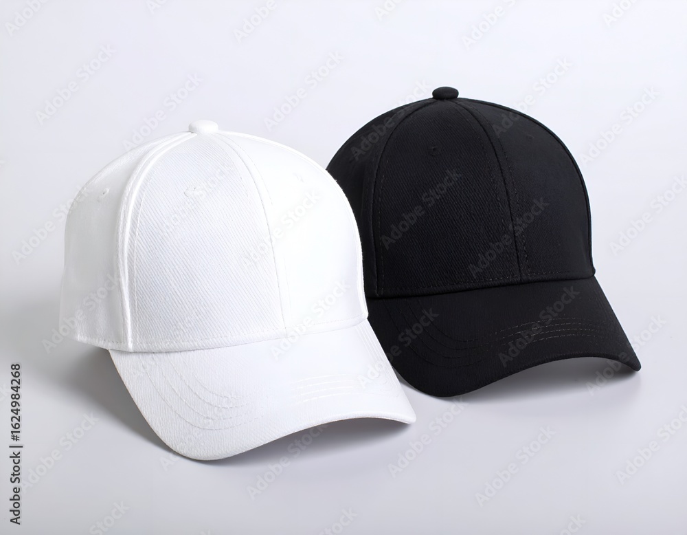 Fototapeta premium Plain White and Black Baseball Caps - Blank Headwear Template