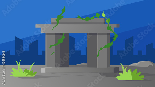 Stylized Flat Vector Scene Abandoned Concrete Urban Decay Illustration
