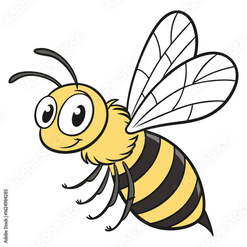 Happy flying cartoon bee with a cute smile and a pot of honey
