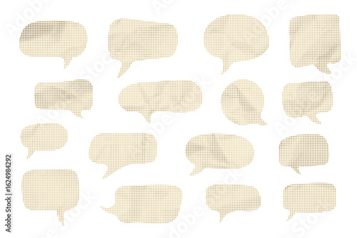 Set of halftone speech bubbles with old yellowed paper texture, vintage style dialog elements isolated on white.