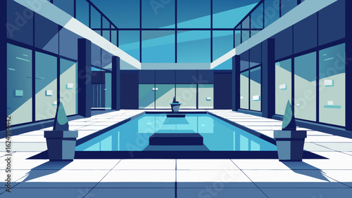 Modern Glass Office Building Courtyard Vector Urban Architecture Illustration