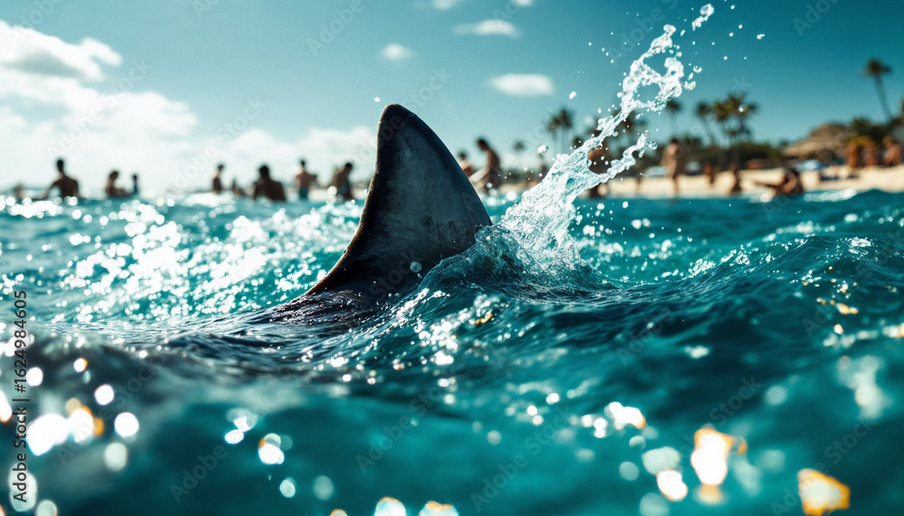 Fototapeta premium Shark tail fin breaks ocean surface near shore, creating tension and contrast. 