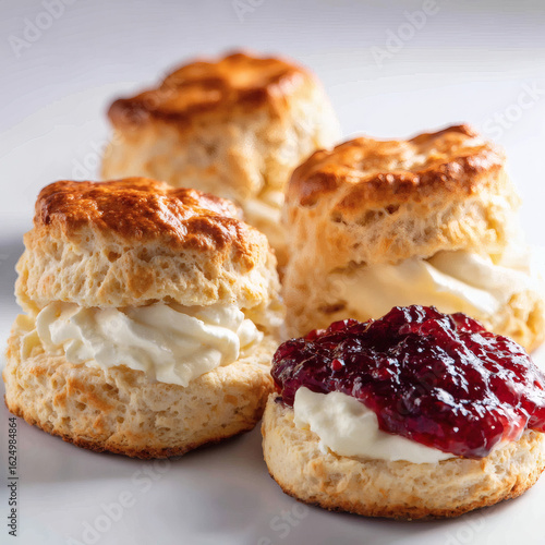 Scones. Golden scones with a crisp exterior and soft, fluffy interior, served with clotted cream and jam, placed on a clean white background.