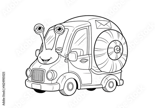 Funny cartoon snail mail van coloring page for kids