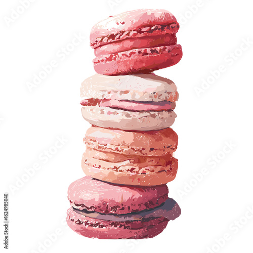 Colorful stack of macarons in pastel shades on white background  