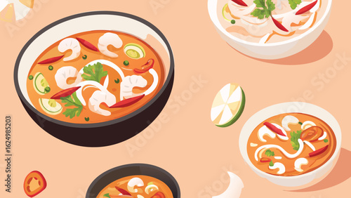 Illustration of bowls of tom yum soup with shrimp lime and chili peppers on a peach background