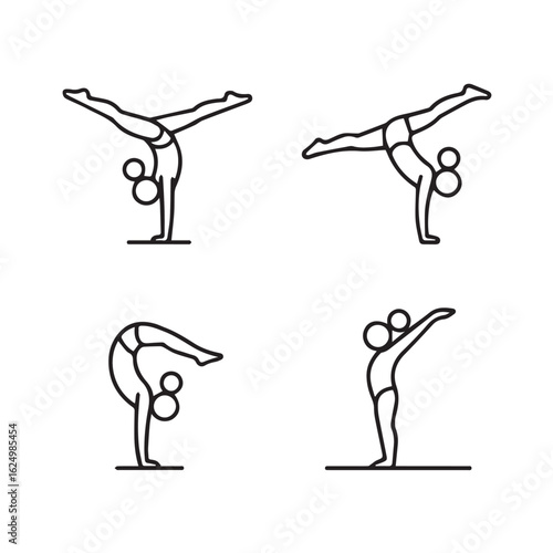 Gymnast Movement Icon Pack – Handstand, Split Leap, Aerial Flip, Cartwheel, and Pose Line Art Set