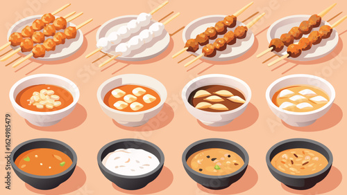 Illustration showing various skewers of meat and assorted dipping sauces in individual bowls