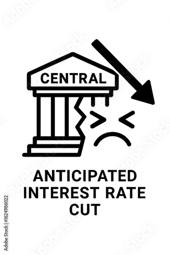 Image depicting economic volatility and uncertainty, symbolized by a collapsing central bank building and a downward arrow, representing an anticipated interest rate cut.