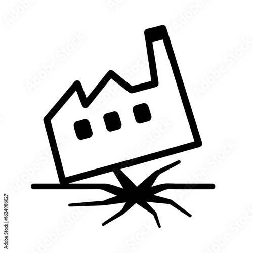 A stark, simplified illustration depicts a factory teetering on cracked earth, symbolizing economic volatility and the precarious state of industry during uncertain times.