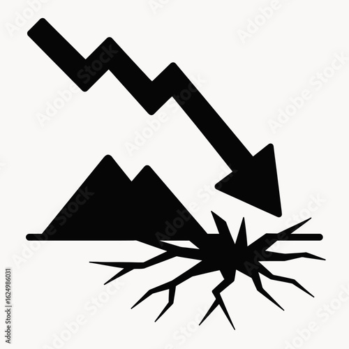 An abstract digital illustration portrays a severe economic downturn with a falling arrow shattering the ground, indicating financial instability and crisis.