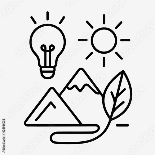 Line art graphic depicting economic volatility, showcasing a lightbulb, sun, mountains, and leaf, symbolizing ideas, energy, nature, and sustainable solutions amidst uncertainty.