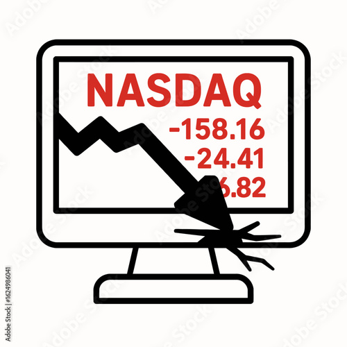 A stylized illustration depicts a computer screen displaying the NASDAQ stock index plummeting, symbolizing economic volatility and financial market downturns in a modern, minimalist design.
