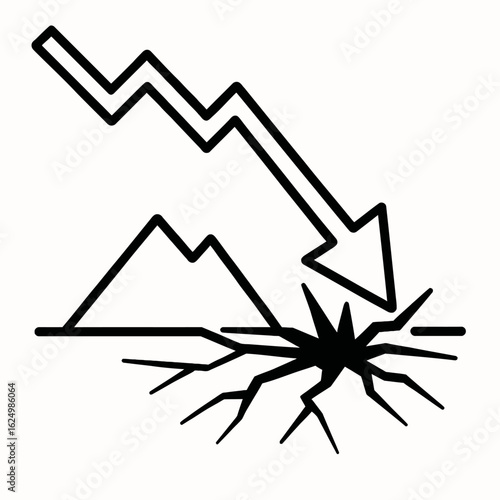 A stark black and white illustration depicts a downward trending graph impacting cracked earth and mountains, symbolizing environmental damage and economic decline, ideal for illustrating climate