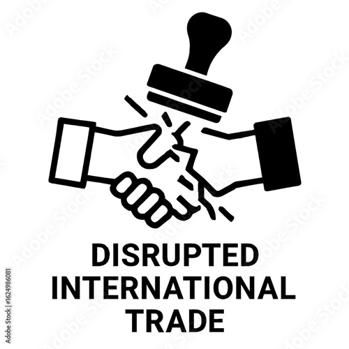 An illustrative vector depicts disrupted international trade with a handshake and a stamp, representing economic volatility and uncertainty in global business agreements.