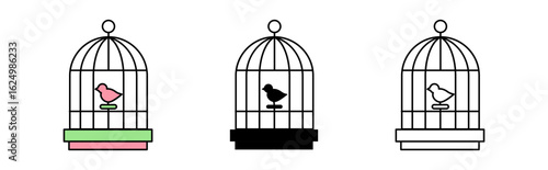 Three minimalist birdcages featuring colorful designs, showcasing a pink and a black bird inside.