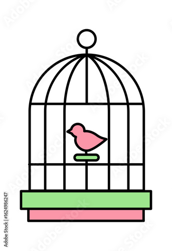 A minimalist illustration of a birdcage with a pink bird inside, exuding a playful and whimsical vibe.