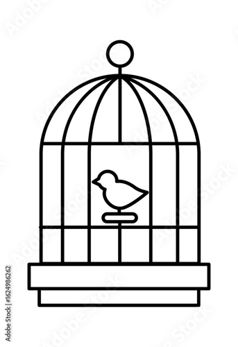 A simple black and white illustration of a birdcage with a small bird inside, symbolizing freedom and confinement.