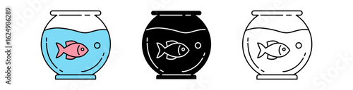 Three fishbowls showcasing a pink fish, a black fish, and an outline version against a minimalist background.