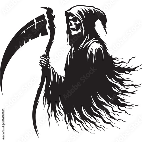 black Grim reaper Silhouette Vector, High Quality Illustration on White Background