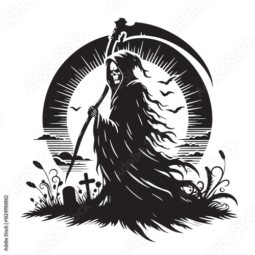 black Grim reaper Silhouette Vector, High Quality Illustration on White Background