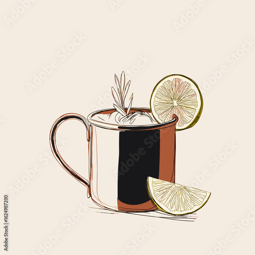 Copper mug cocktail with lime slice and rosemary garnish  