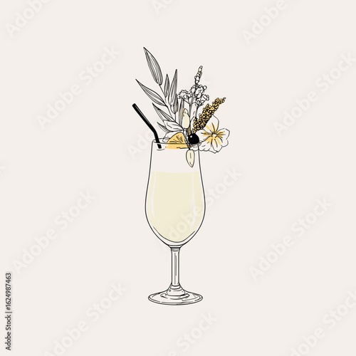 Cocktail with flowers and leaves in a glass on neutral background  