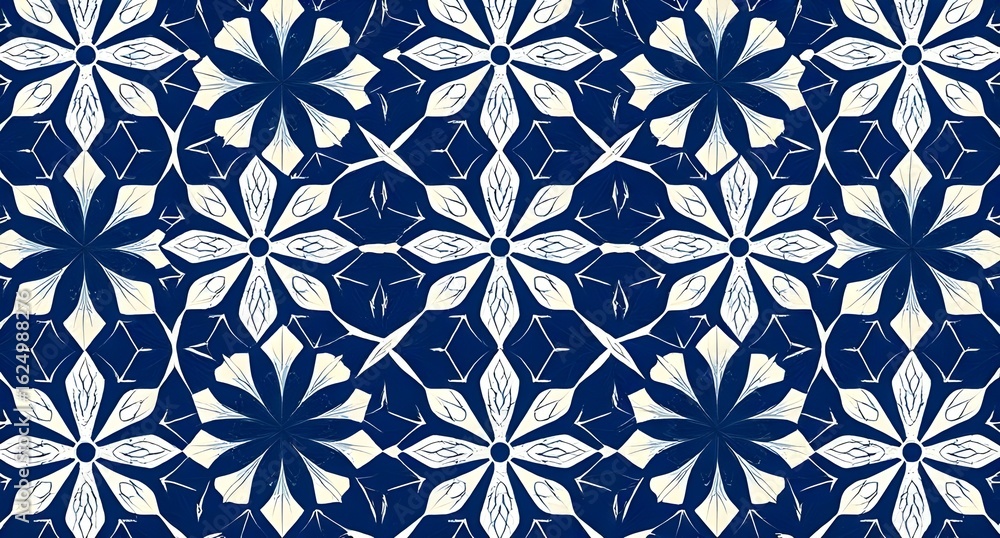 Fototapeta premium Ornate blue and white geometric pattern with repeating floral motifs.