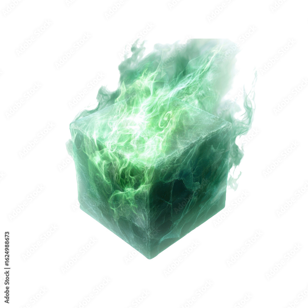 Fototapeta premium Luminous Green Energy Cube with Ethereal Flames