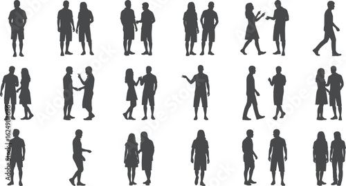 Silhouette casual people talking, walking, standing in pairs, man and woman interactions, summer clothes, outdoor scene, vector illustration collection