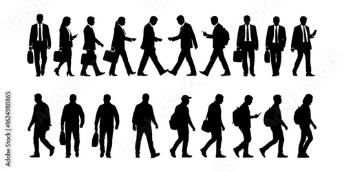 Silhouette business people walking, male and female professionals with briefcases, casual workers, mobile users, commuting characters, vector illustration