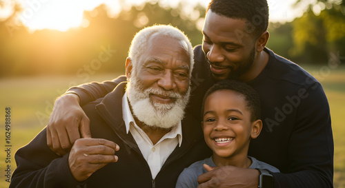 Three generations of a Black family smiling together outdoors at sunset enjoying family time togetherness love happiness heritage