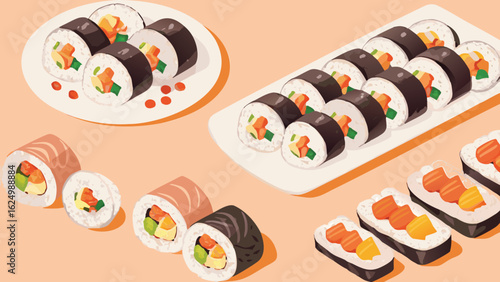 Assorted sushi rolls and pieces arranged on plates against a light orange background in a flat style