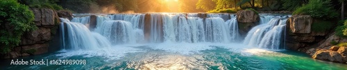 Sunlit Waterfall Cascading into Vibrant Basin Breathtaking Nature Spectacle