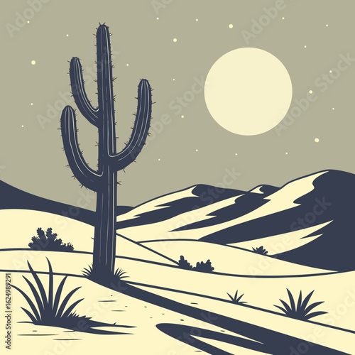 Desert Serenity: A towering cactus stands silhouetted against a vast, star-studded sky, casting a long shadow over the rolling dunes, bathed in the soft glow of the moon.