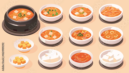 Illustration of various korean stews and side dishes served in white bowls on a light background