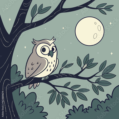 Owl Under the Moonlight: An illustration of an owl perched serenely upon a tree branch, beneath a radiant full moon. The owl's wise gaze captures the calm of the night, set against a starlit backdrop.
