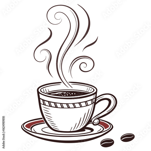 Steaming Coffee: An inviting illustration of a steaming cup of coffee on a saucer, complete with coffee beans and a visual representation of the warm vapors rising