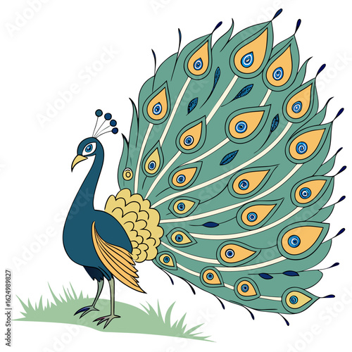 Magnificent Peacock's Display: A vibrantly illustrated peacock proudly displays its opulent feathers against a simple backdrop, epitomizing beauty and avian elegance.