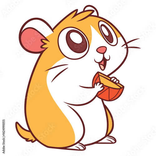 A funny cartoon illustration of a cute mouse happily carrying a big block of cheese
