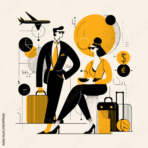 Business couple waiting at airport with luggage and travel accessories  